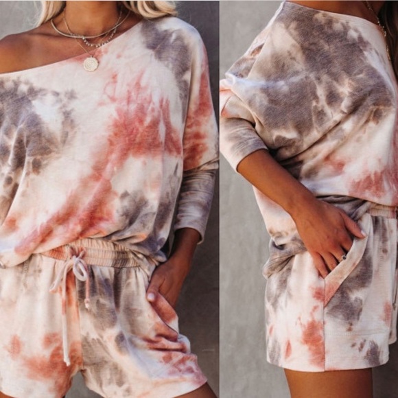 Rust/grey Pocketed Tie-dye Knit Shorts Set - Picture 6 of 13